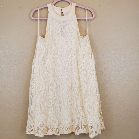 Altar'd State Cream Floral Lace High Neck Halter Tunic Swing Lined Mini Dress - Picture 1 of 5